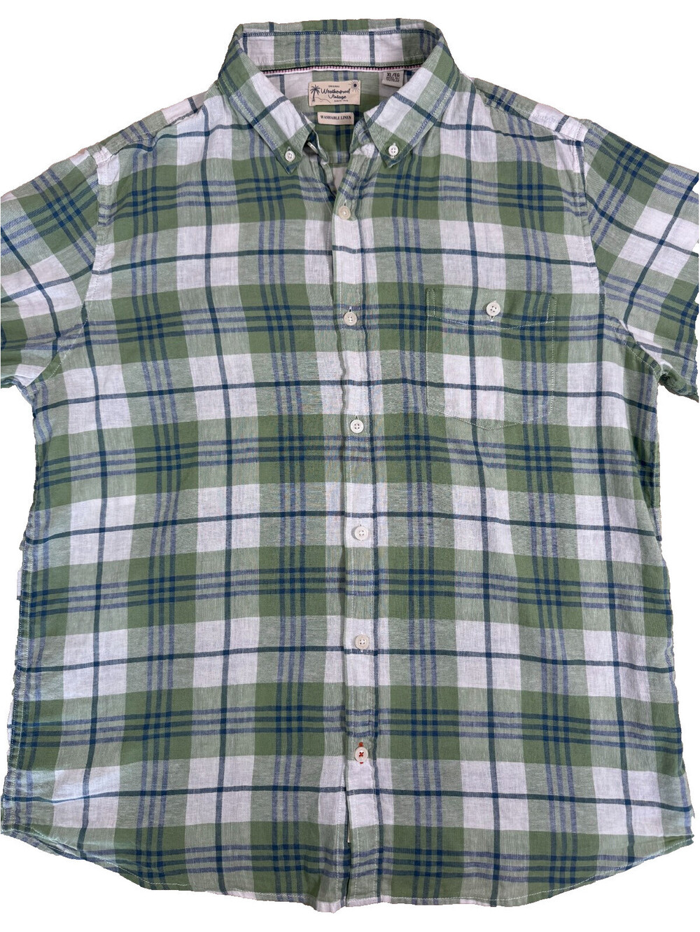 Weatherproof Vintage Men's Short Sleeve Shirt XL Green Blue White Plaid Linen